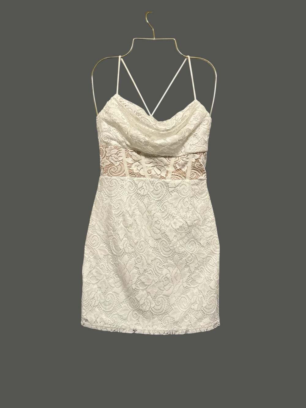 Windsor White Lace Cowl Neck Bustier Bodycon Dress with Lace-Up Back